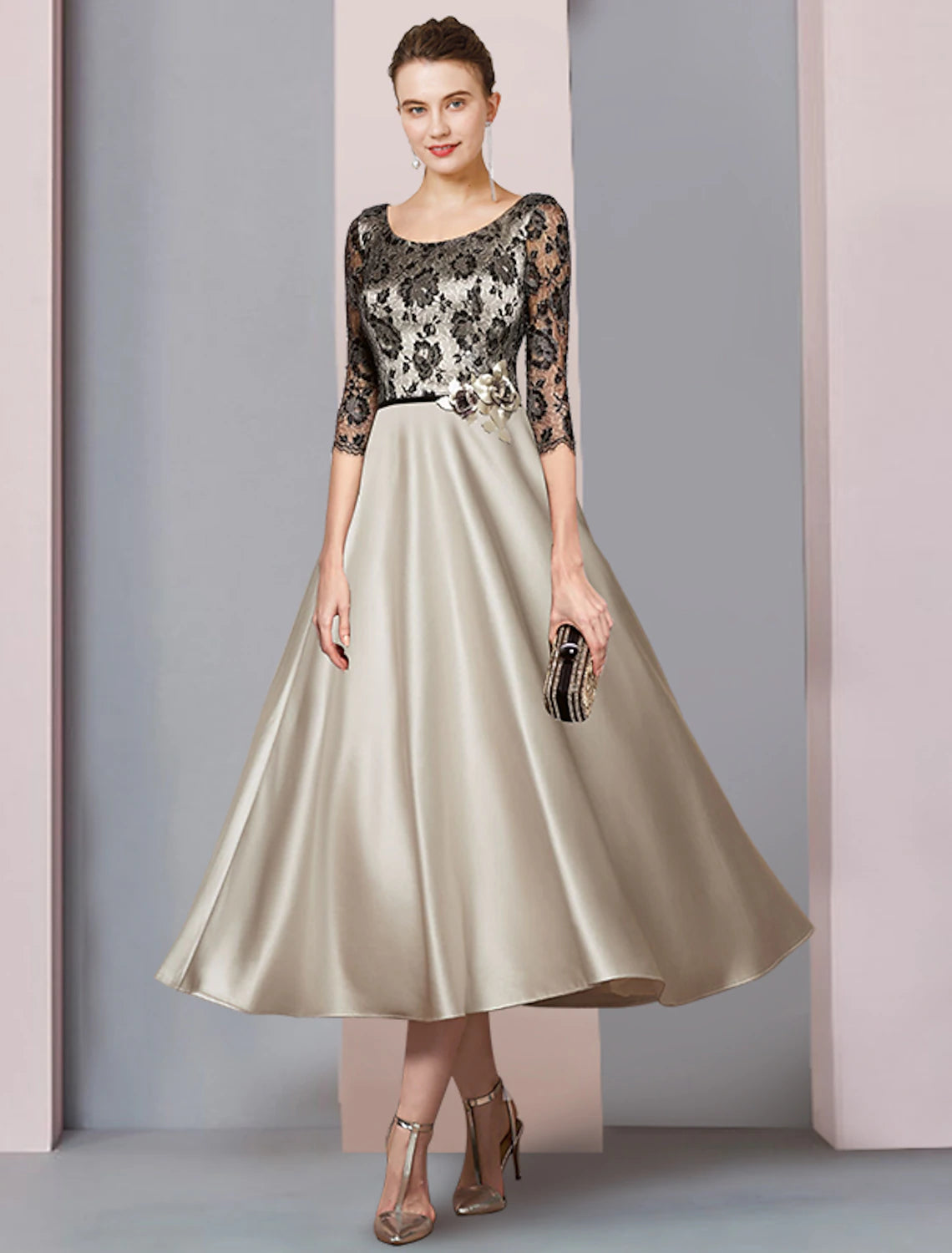 Wholesale  A-Line Mother of the Bride Dress Formal Church Party Elegant Scoop Neck Tea Length Satin Lace Half Sleeve with Flower